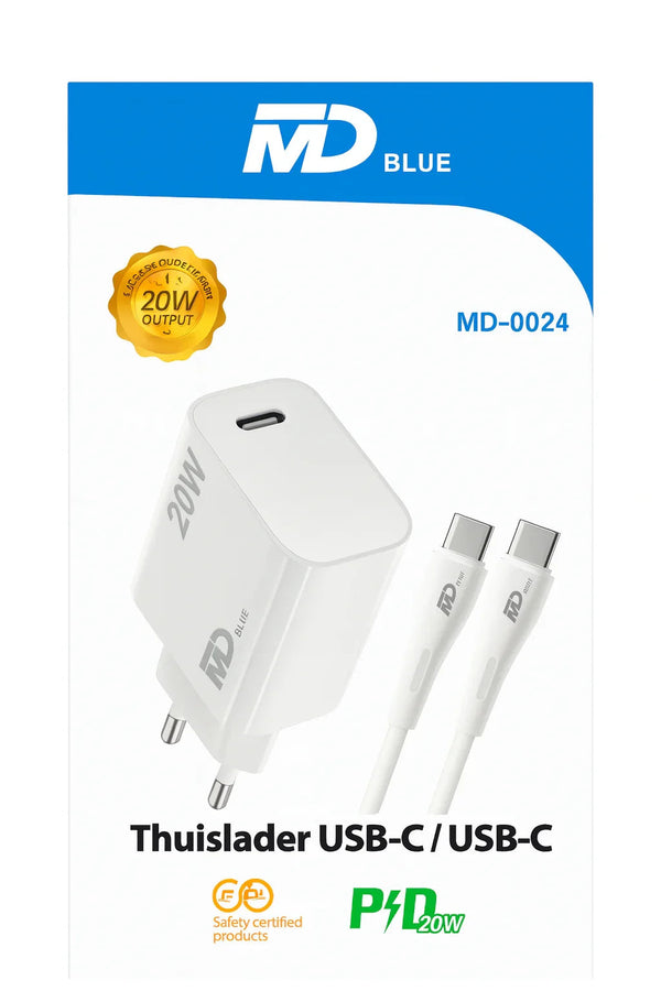 MD BLUE thuislader USB-C naar USB-C snellader 20W Power Delivery voor telefoon en tablet
