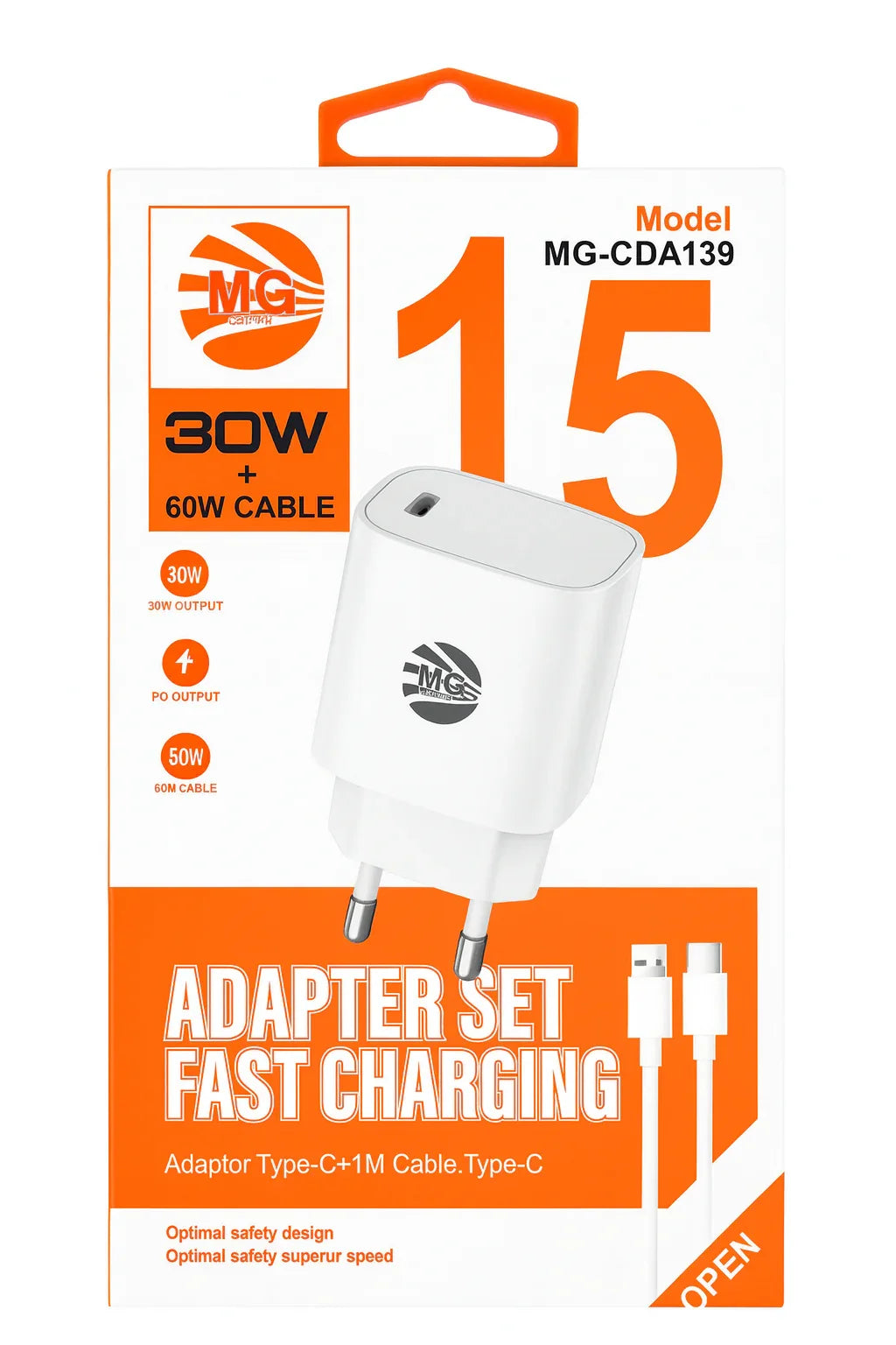 MG Adapter Set Fast Charging met 30W USB-C oplader en 60W USB-C kabel van 1 meter