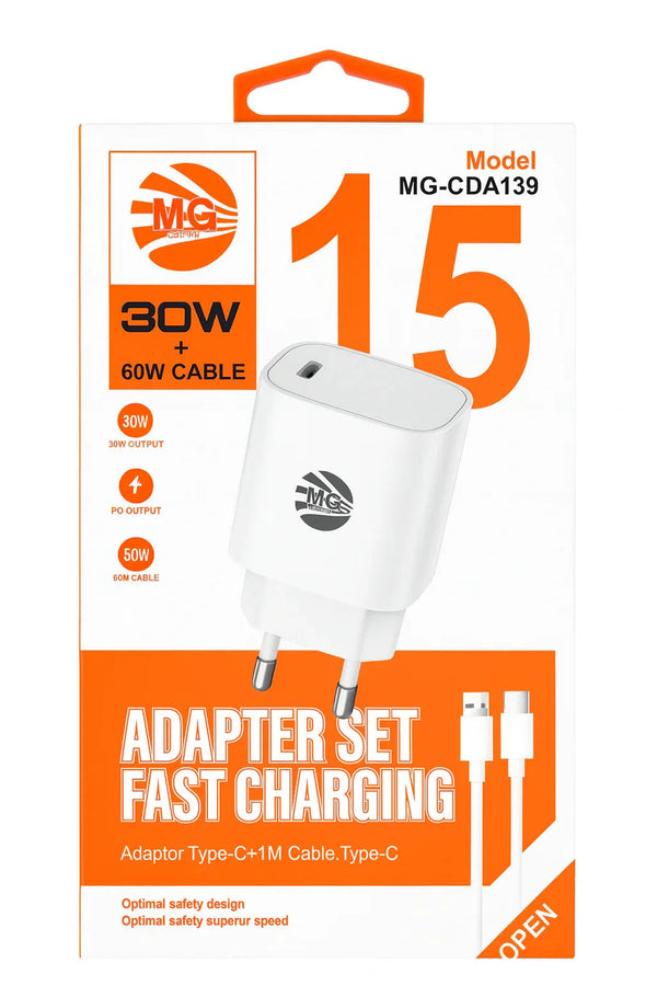 MG Adapter Set Fast Charging met 30W USB-C oplader en 60W USB-C kabel van 1 meter