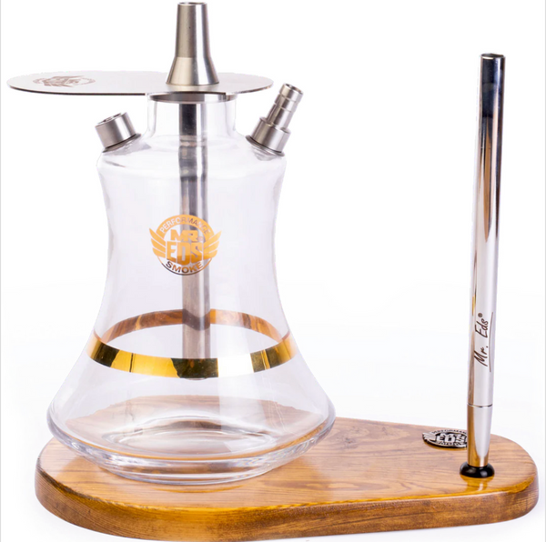 Mr Eds E16 Titanium Waterpijp in goud en zilver met siliconenslang, houten standaard en draagtas - compacte shisha van 25 cm