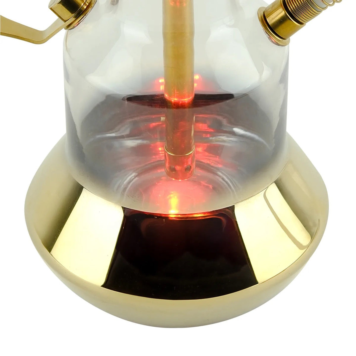 LED-module onder de voet van de Oduman N4 Gold in werking bij de glazen waterpijp