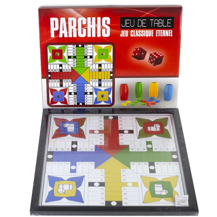 Parchi Pachisi Ludo bordspel 40 cm complete set met fiches en opbergkoker