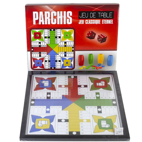 Parchi Pachisi Ludo bordspel 40 cm complete set met fiches en opbergkoker