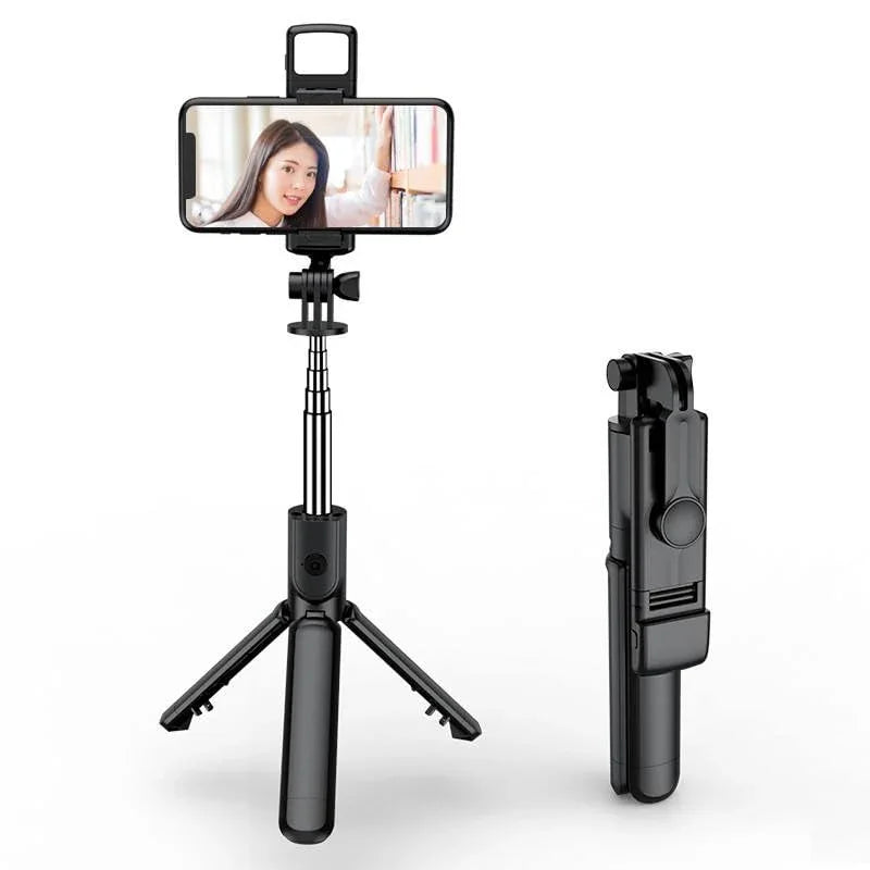 S03 selfiestick met geintegreerd statief en Bluetooth-remote voor smartphone, uitgeschoven als tripod