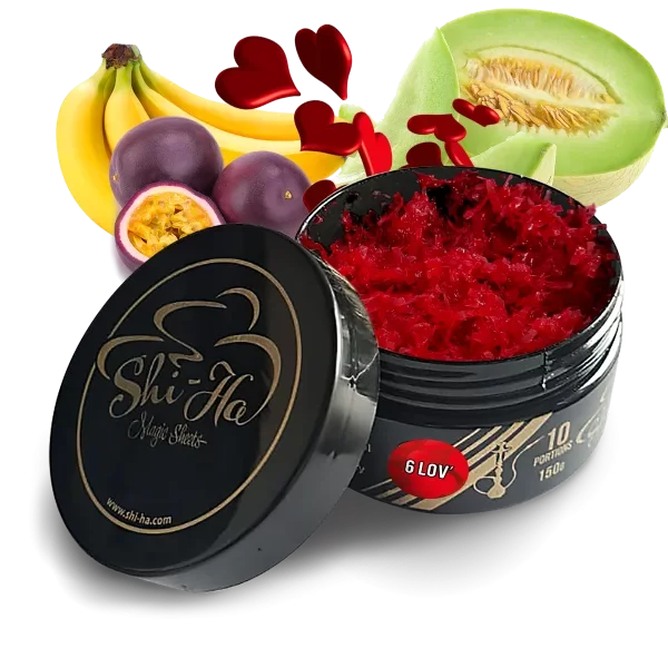 Shi-Ha 6 Lov 150g nicotinevrije shisha tabak blik, smaak watermeloen honeydew meloen passievrucht en mint, alternatief voor Adalya Love 66