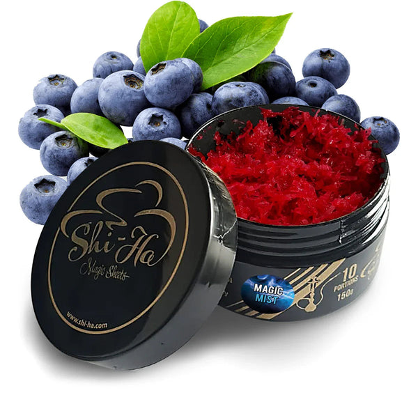 Shi-Ha Magic Mist 150g pot met shisha tabak, frisse bessen en mint smaak, nicotinevrij alternatief voor Layali Blue Mist waterpijp