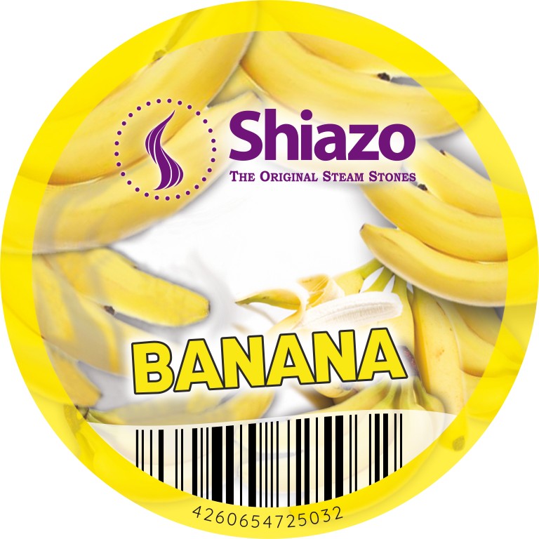 Deksellabel van de Shiazo Banana dampsteentjes met rijpe bananen