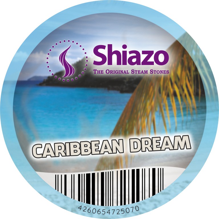 Deksellabel van de Shiazo Caribbean Dream dampsteentjes met zee en palmblad