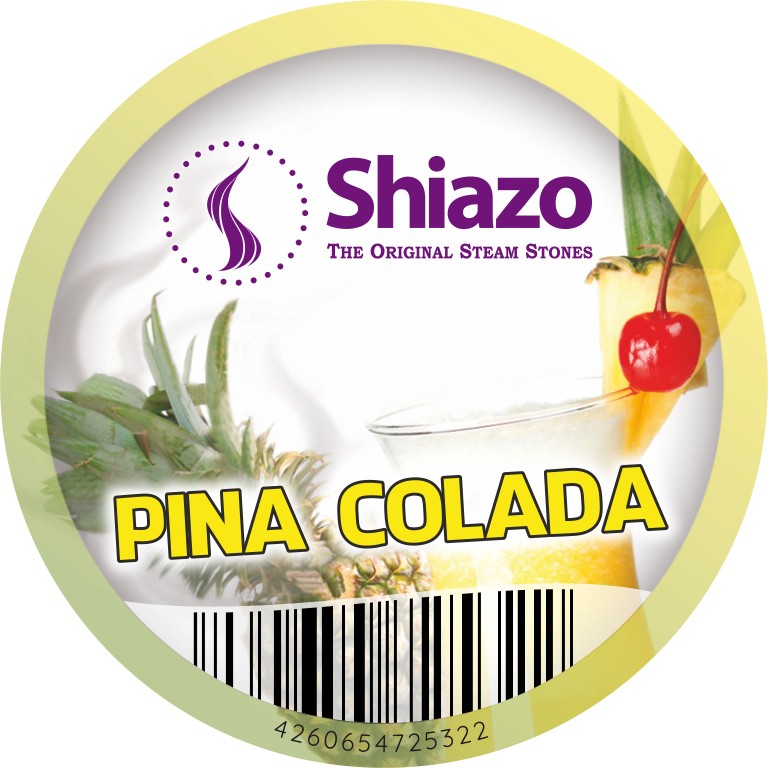Deksellabel van de Shiazo Pina Colada dampsteentjes met ananas en kokos