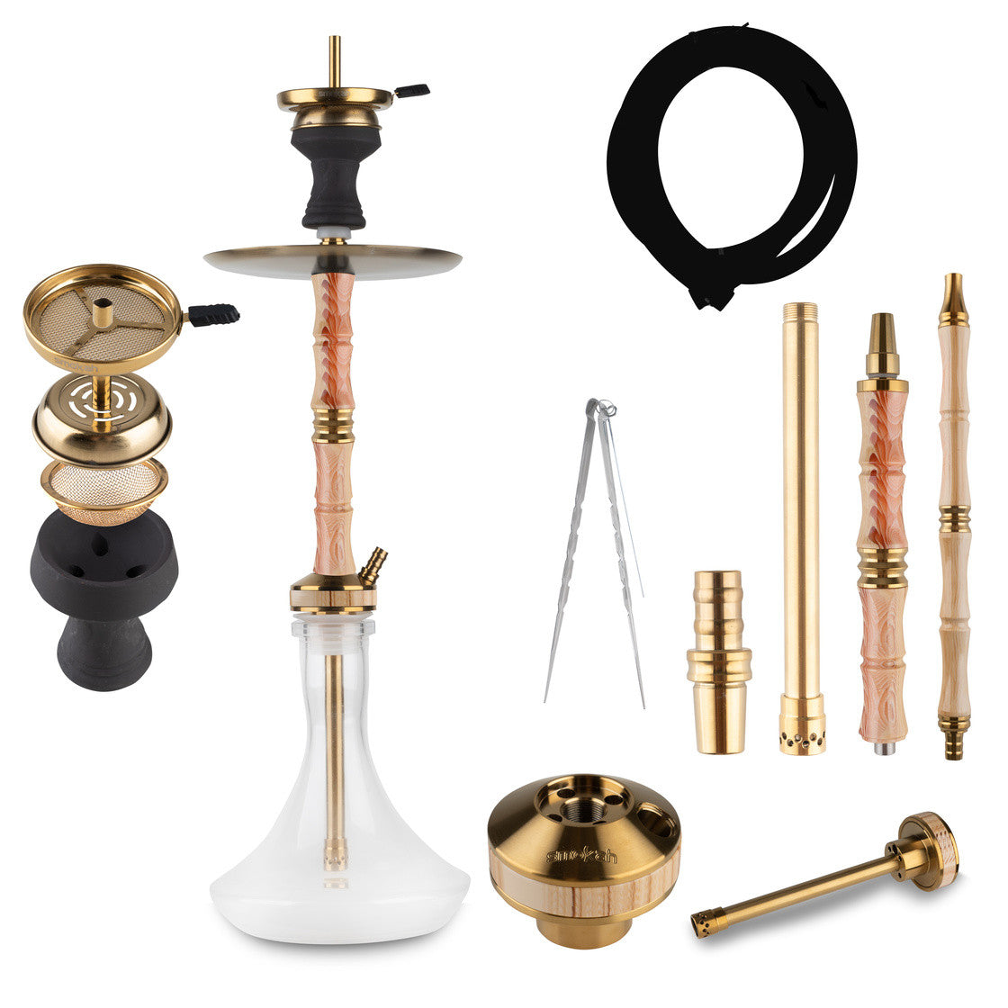 Smokah Hayat luxe waterpijp goud met resin sleeves en complete set op witte achtergrond
