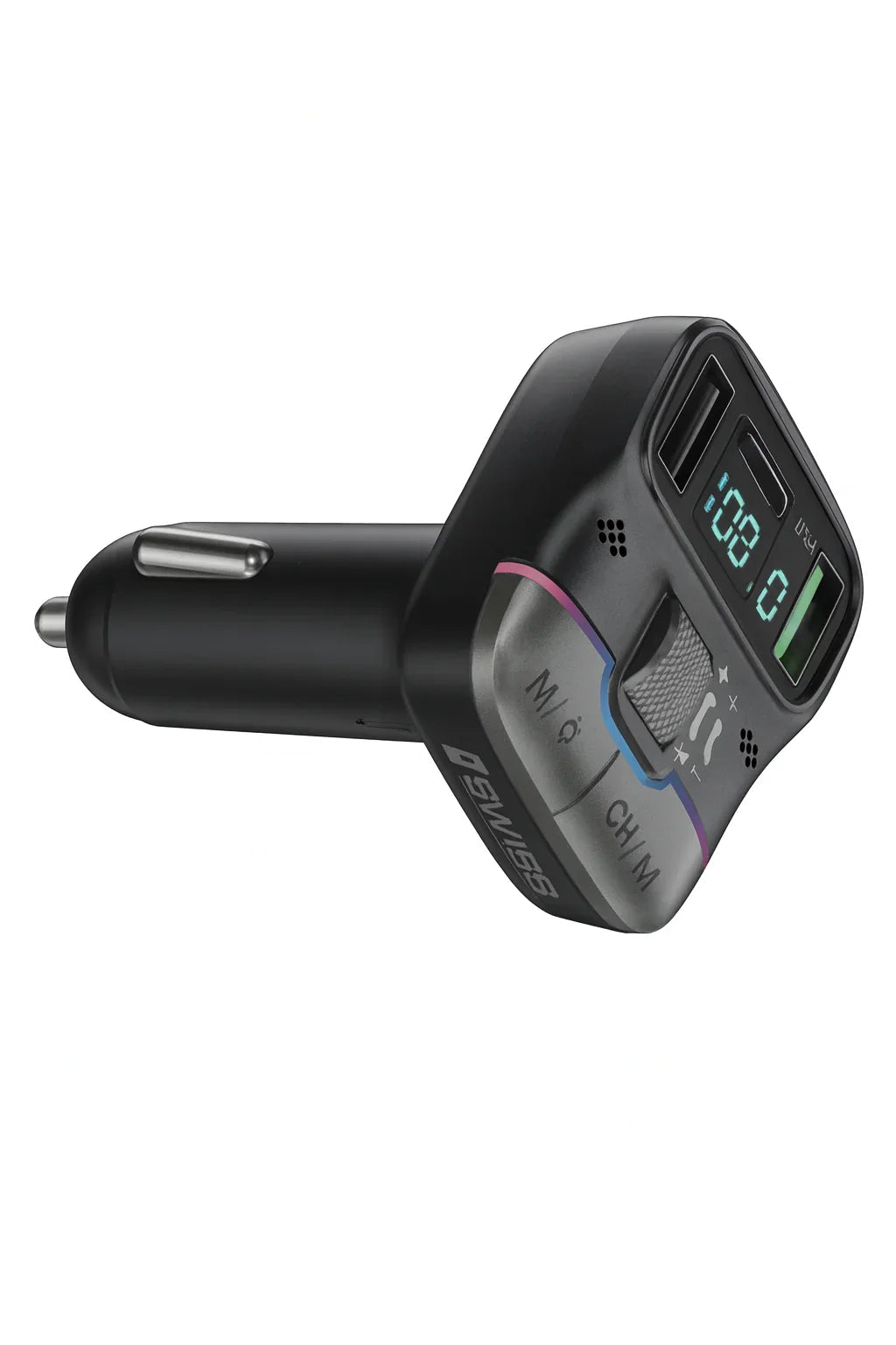 Swiss Wireless Car MP3 Player - Bluetooth FM transmitter met USB-C en 2 USB-poorten in zwart compact design