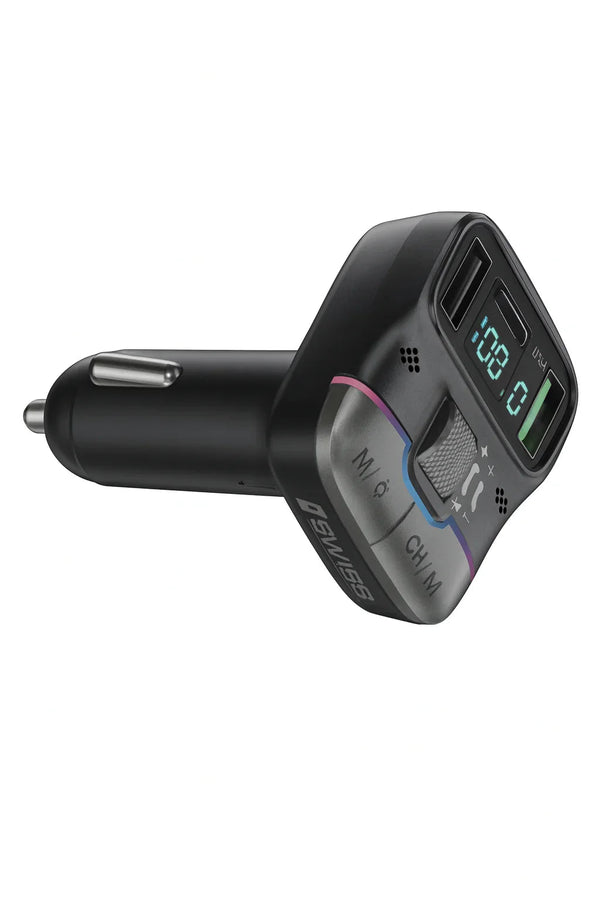 Swiss Wireless Car MP3 Player - Bluetooth FM transmitter met USB-C en 2 USB-poorten in zwart compact design