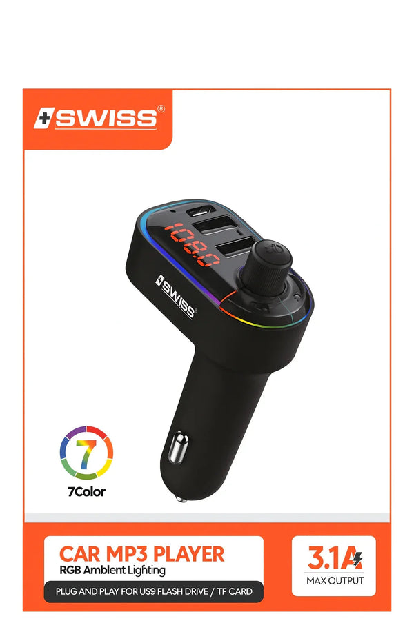 Swiss Wireless Car MP3 Player met Bluetooth FM transmitter, USB-C poort, twee USB-poorten en 7-kleuren LED ambient lighting