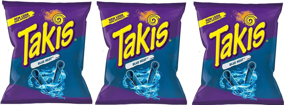 Takis Blue Heat 3 Pack verpakking - hete chips met blauwe kleur en chilismaak uit Mexico