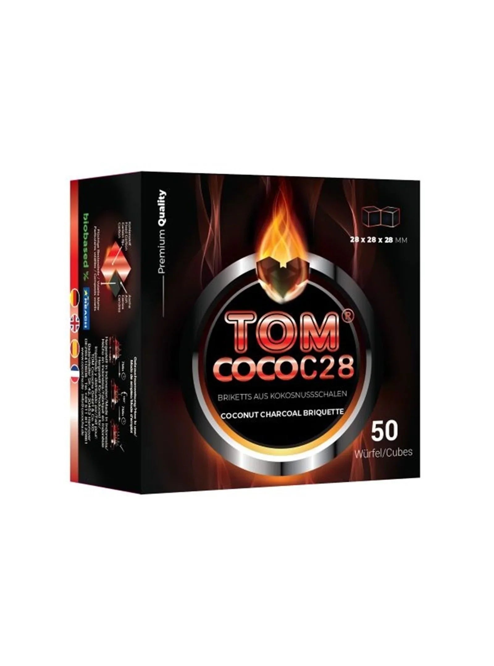 Tom Coco C28 kolen close-up - geperste kokos shisha kolen 28x28x28 mm