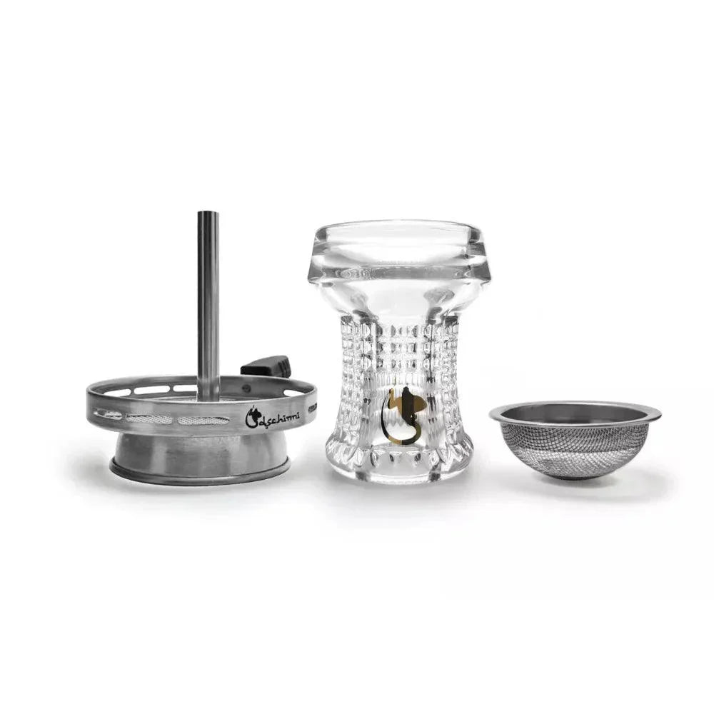 Transparante Dschinni Nero shisha tabakskop met Vulcan Air en Seflex