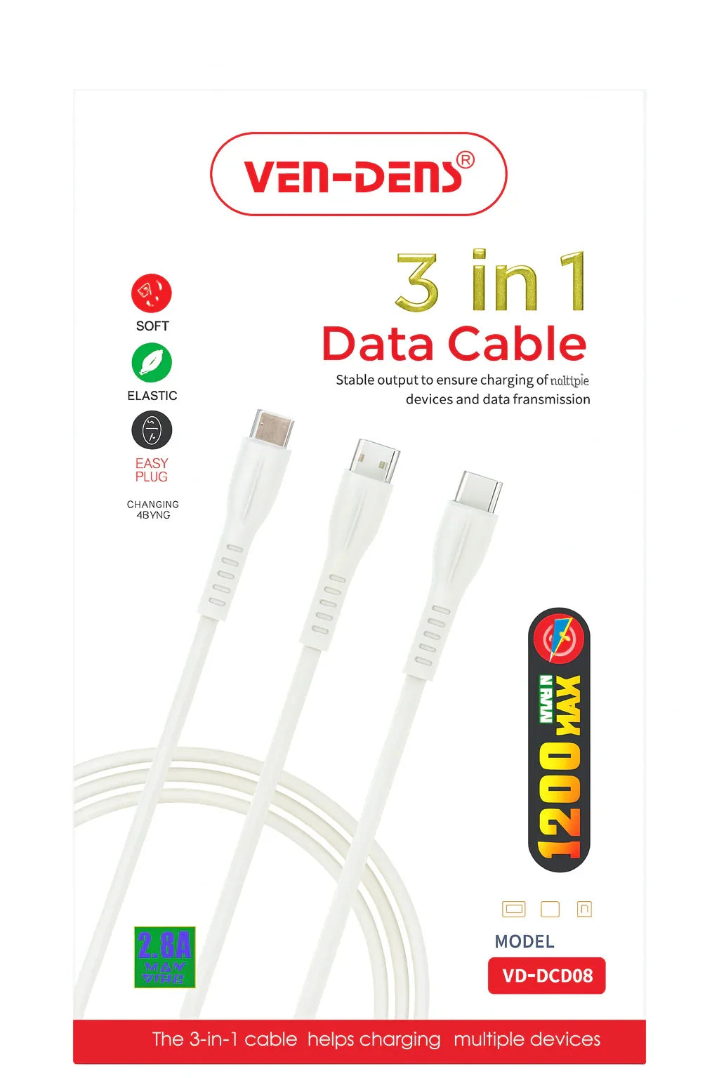 Ven-Dens 3-in-1 oplaadkabel van 1200mm met USB-C, Micro-USB en Lightning connector op een rij