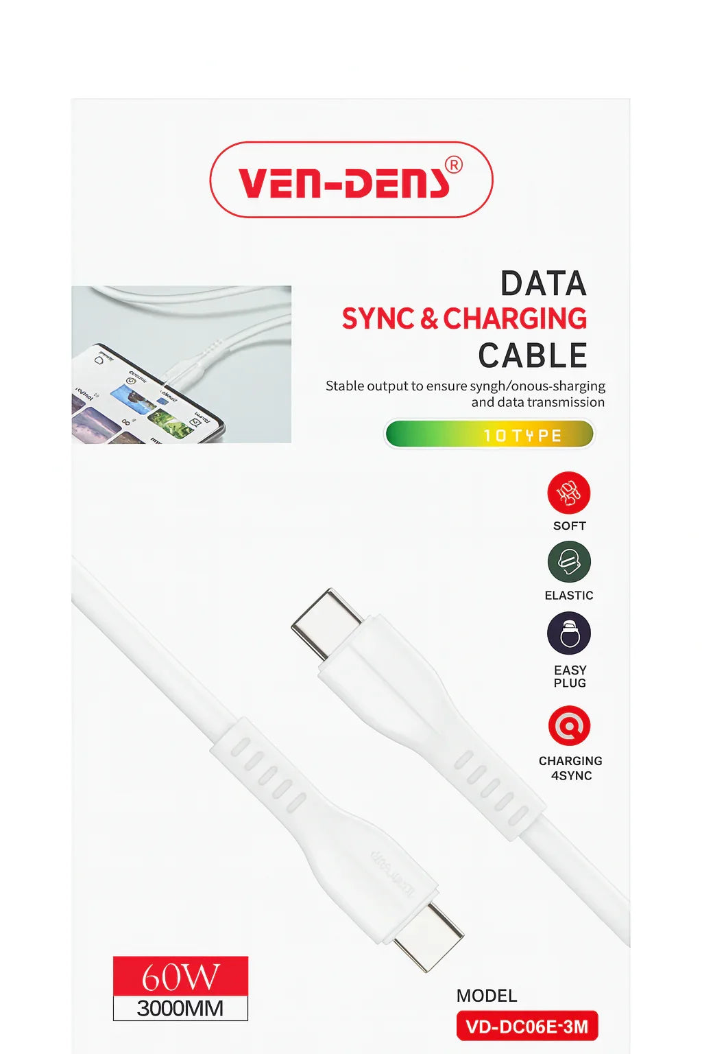 Ven-Dens 60W USB-C naar USB-C kabel voor snel laden en data-overdracht