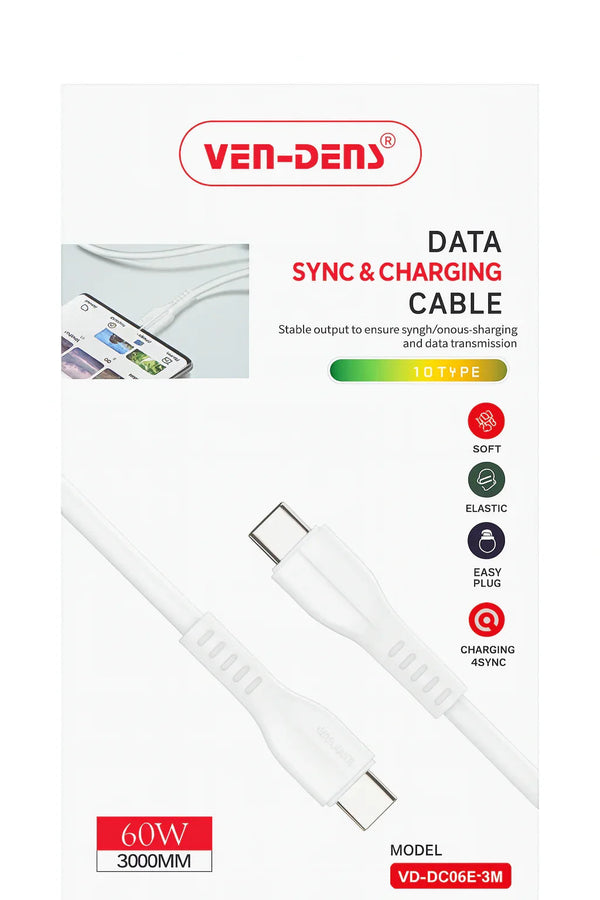 Ven-Dens 60W USB-C naar USB-C kabel voor snel laden en data-overdracht