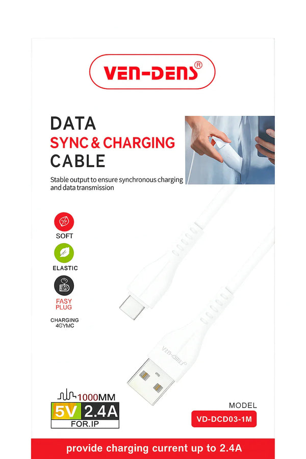 Ven-Dens iPhone Lightning kabel 5V 2.4A voor opladen en dataoverdracht, liggende productfoto op witte achtergrond