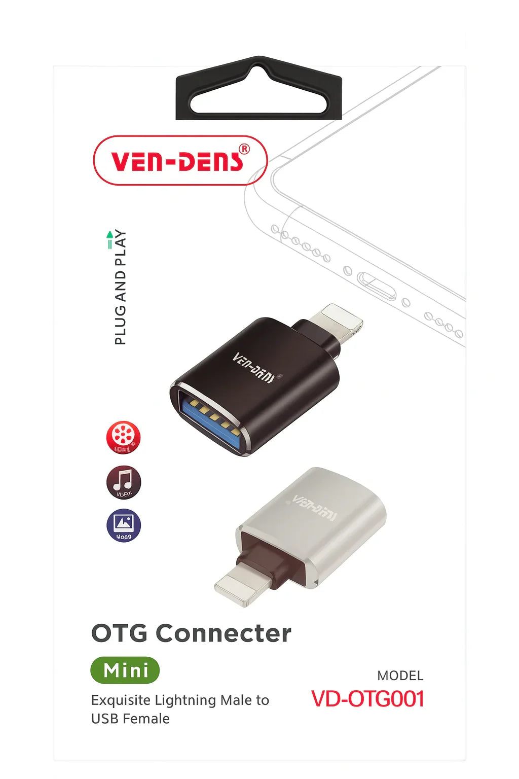 Ven-Dens OTG Connector Mini Lightning naar USB adapter voor iPhone - compact en plug and play
