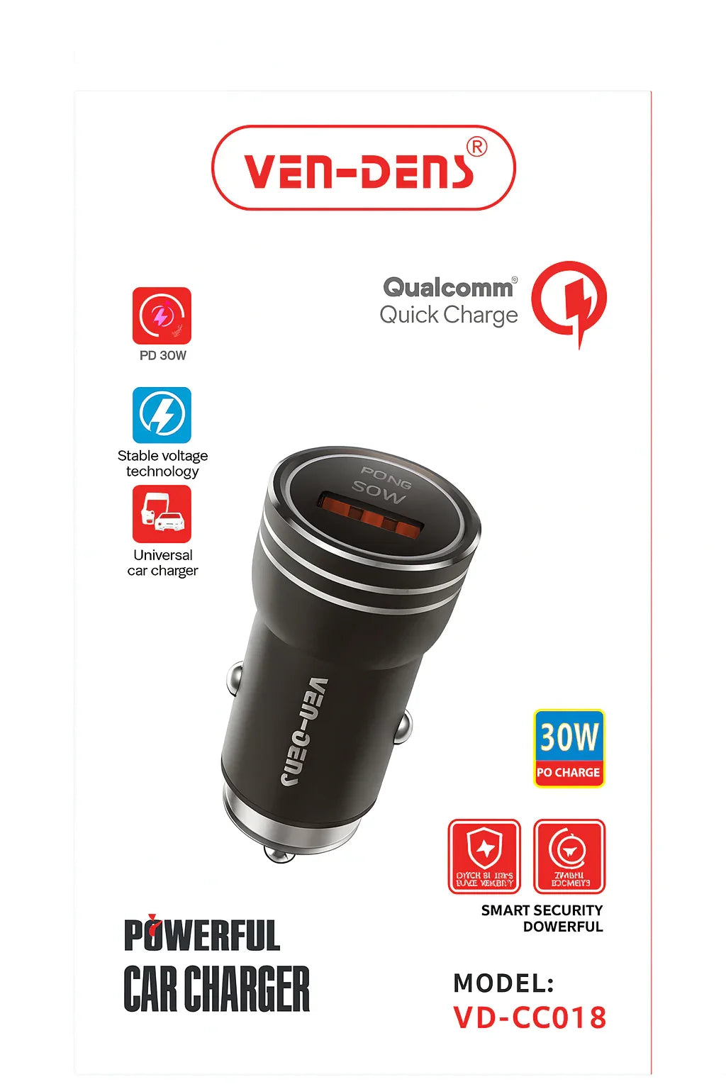 Ven-Dens Qualcomm Car Charger 30W autolader met snelladen en meerdere USB-poorten voor in de auto
