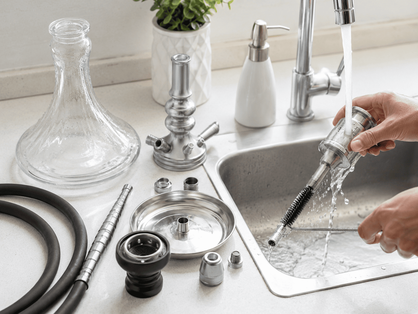 Waterpijp schoonmaken bij de kraan: onderdelen worden onder stromend water afgespoeld, met de glazen vaas, tabakskop en slang op het aanrecht ernaast.