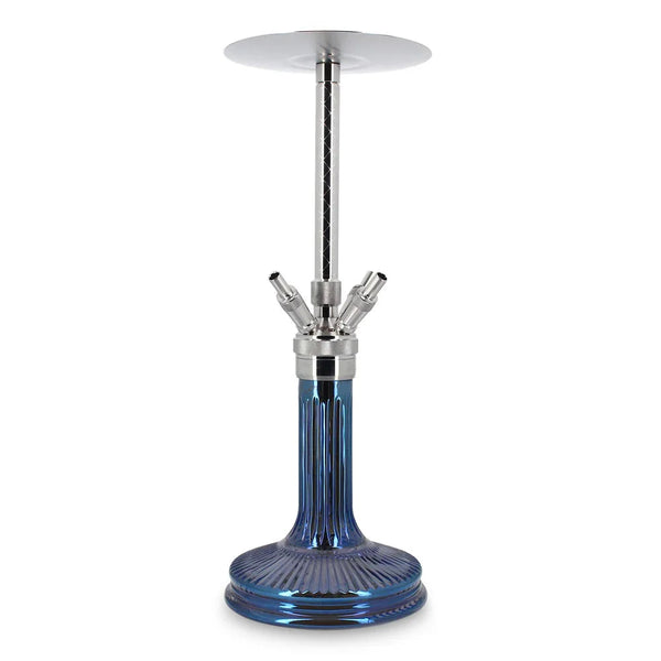 WD Hookah F60 Silver Blue - complete shisha van roestvrij staal met blauwe glazen waterpijp vaas, zilverkleurige RVS kolom en siliconen slang