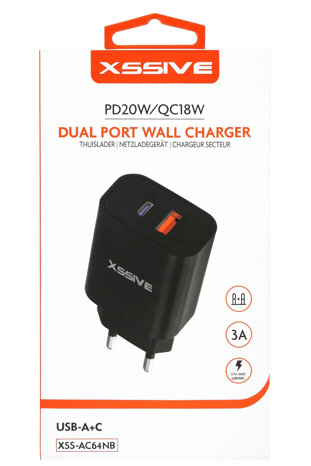 Xssive Dual Port Wall Charger met USB-A en USB-C poorten voor het gelijktijdig opladen van twee apparaten