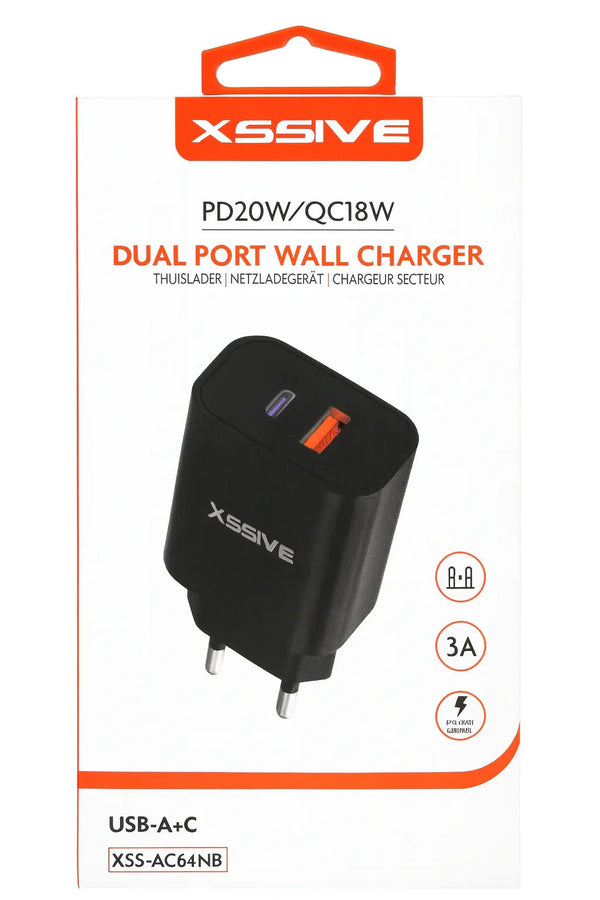 Xssive Dual Port Wall Charger met USB-A en USB-C poorten voor het gelijktijdig opladen van twee apparaten