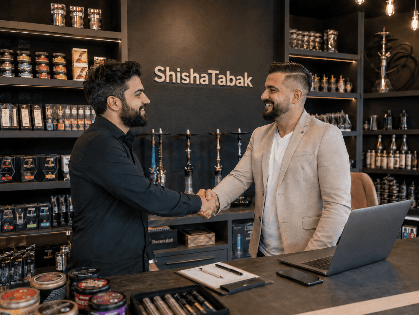 Ondernemer en ShishaTabak medewerker schudden handen aan de toonbank in de winkel, met een laptop erbij. Zakelijk shisha tabak en waterpijpen inkopen voor lounge of horeca.